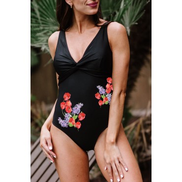Black Floral Print T...